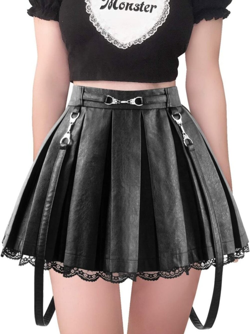 A-Line Pleated Faux Leather Flared Mini Skirt with Lace Trim - Casual Chic Style